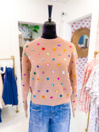 Tan Multi Rhinestone Embellished Crewneck Sweater