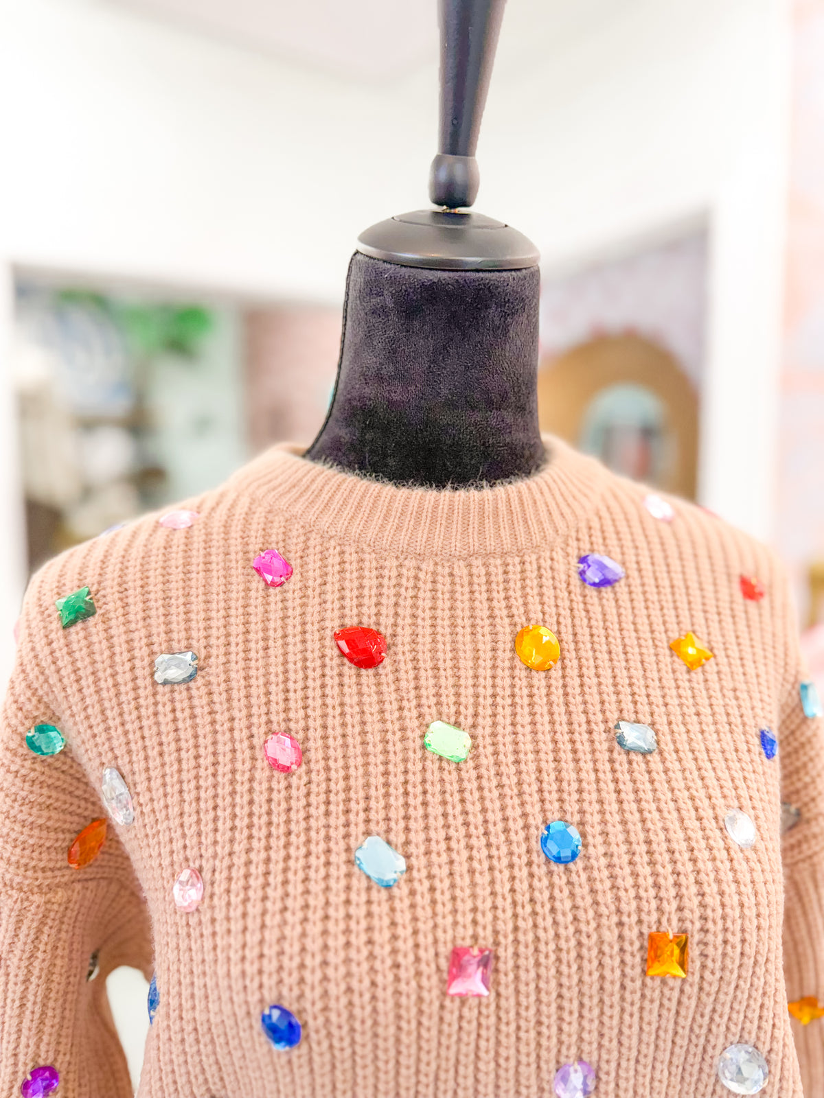 Tan Multi Rhinestone Embellished Crewneck Sweater