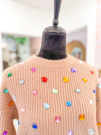 Tan Multi Rhinestone Embellished Crewneck Sweater