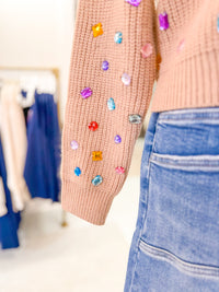 Tan Multi Rhinestone Embellished Crewneck Sweater