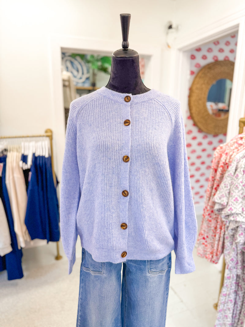 Crew Neck Button Down Cardigan Sweater - Light Blue