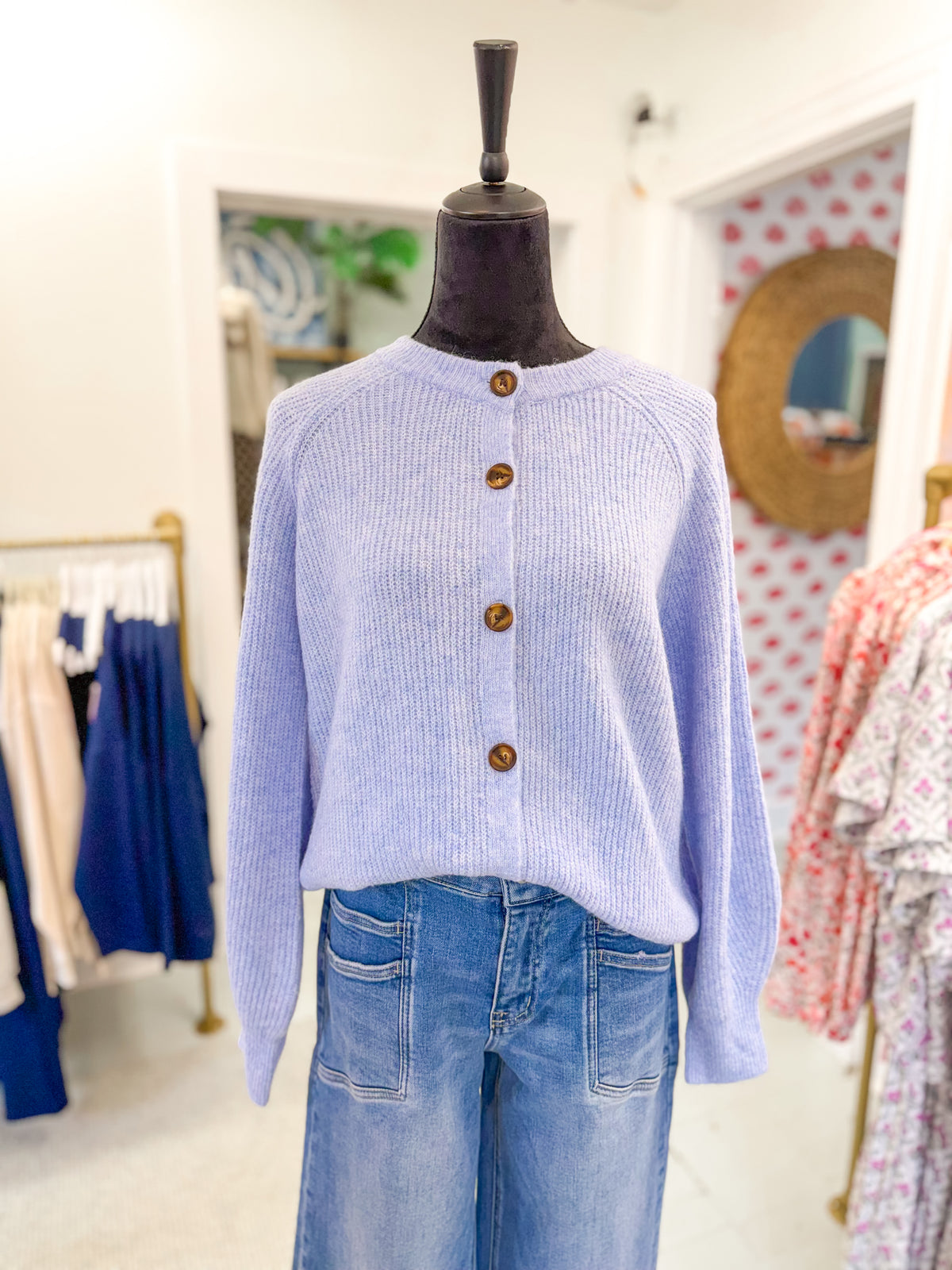 Crew Neck Button Down Cardigan Sweater - Light Blue