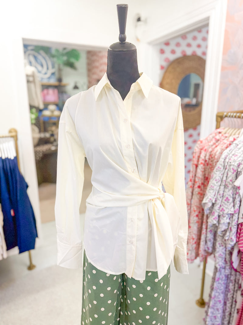 Button Down Tie Waist Shirt - Cream