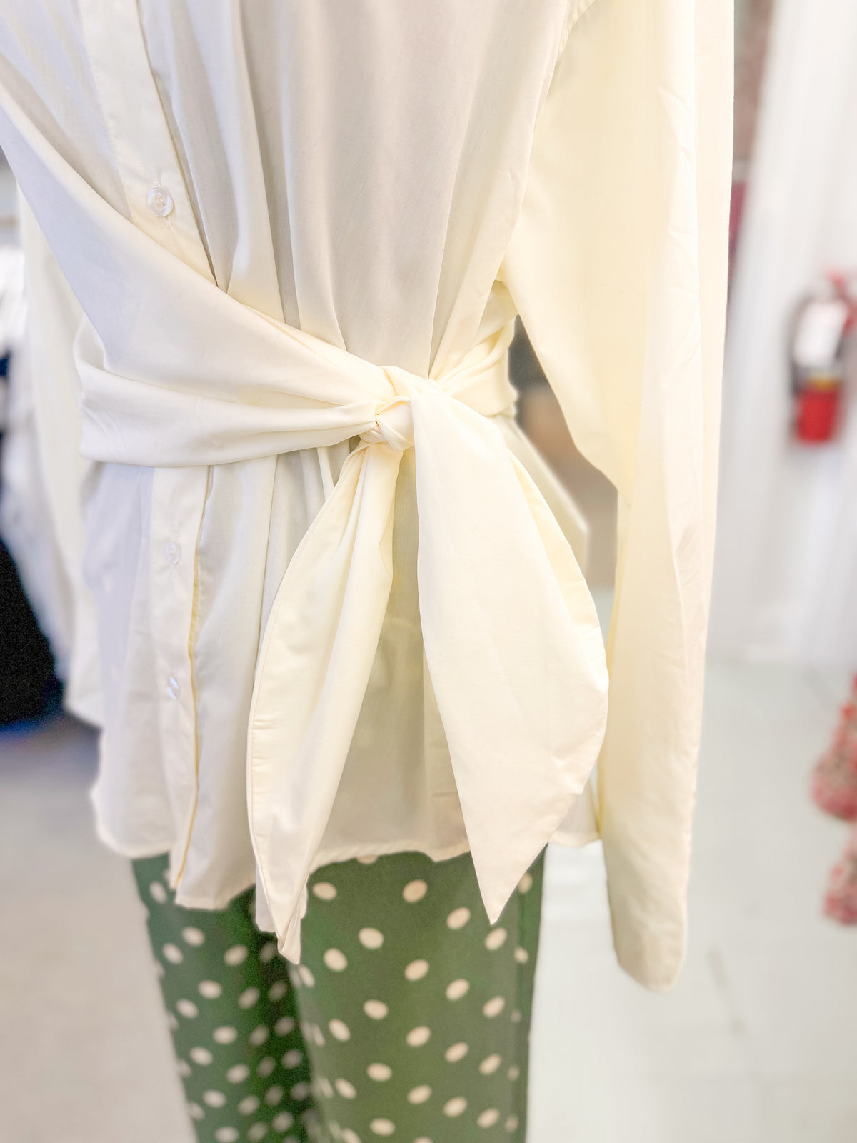 Button Down Tie Waist Shirt - Cream