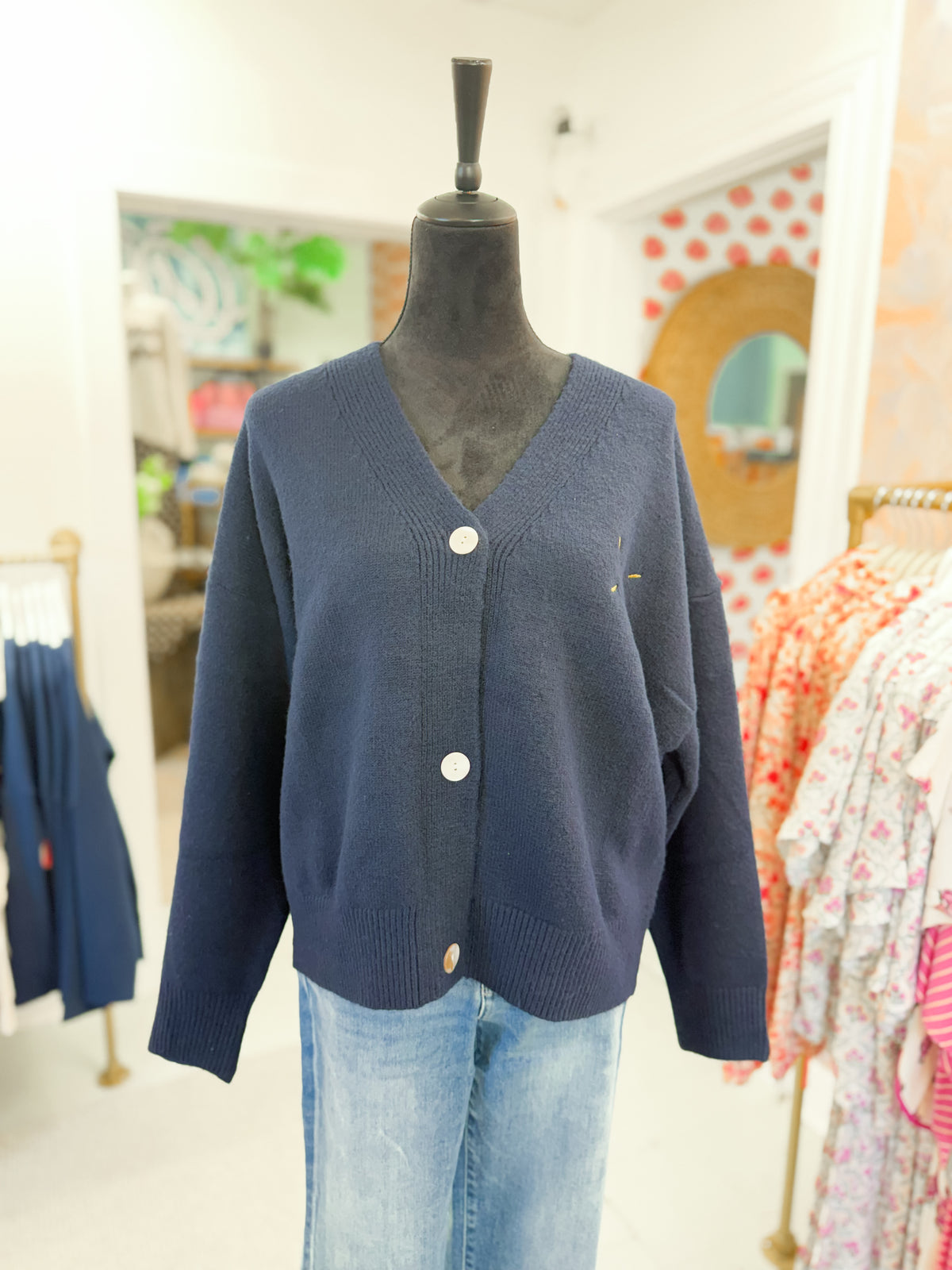 Embroidered "Lucky Duck" V-Neck Cardigan