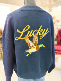 Embroidered "Lucky Duck" V-Neck Cardigan