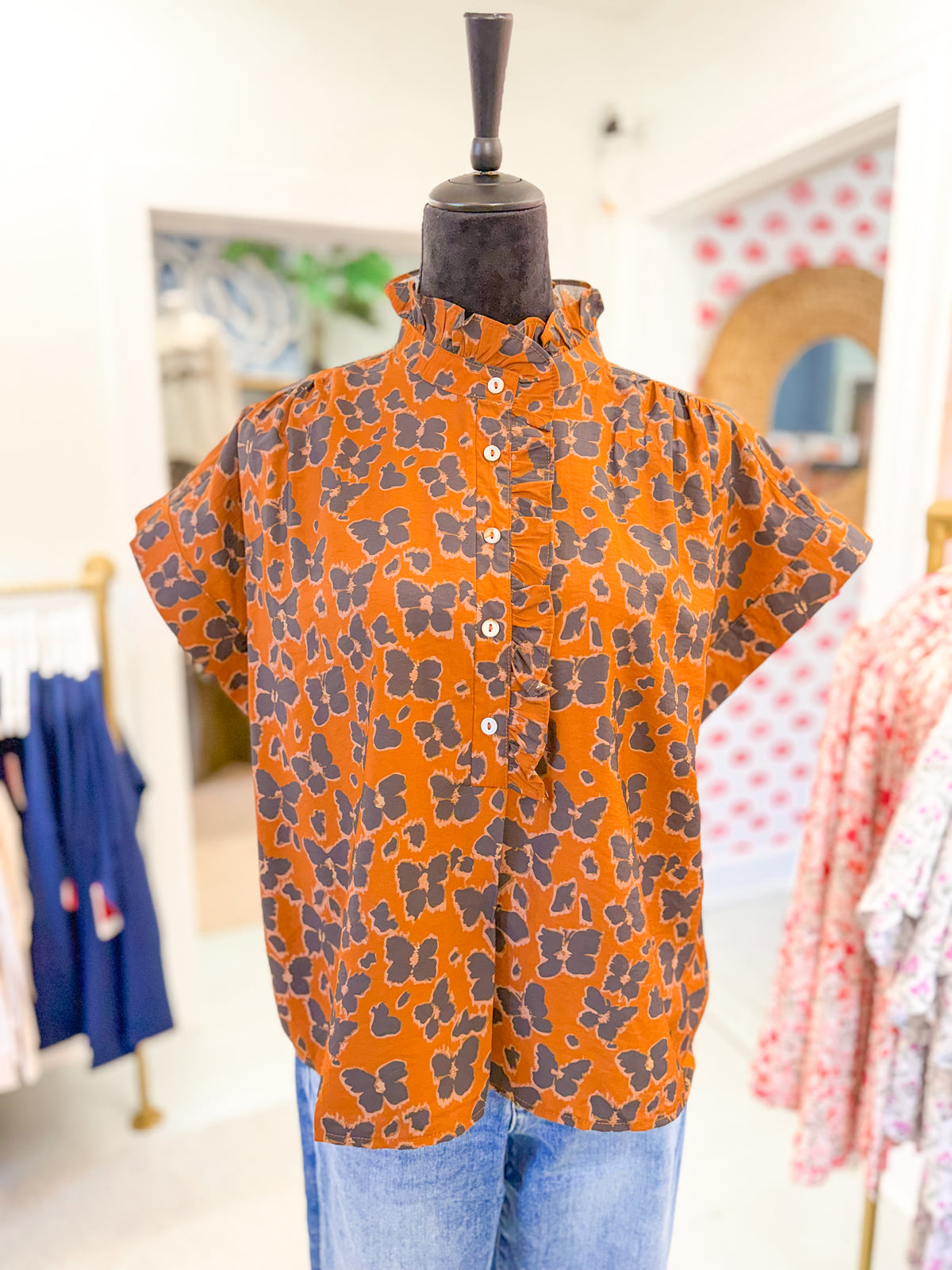 Floral Print Ruffle Neck Blouse - Brown