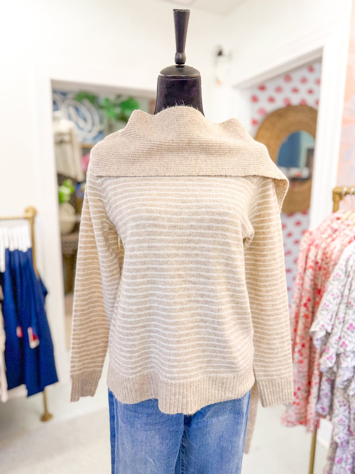Striped Pullover Sweater with Attached Scarf