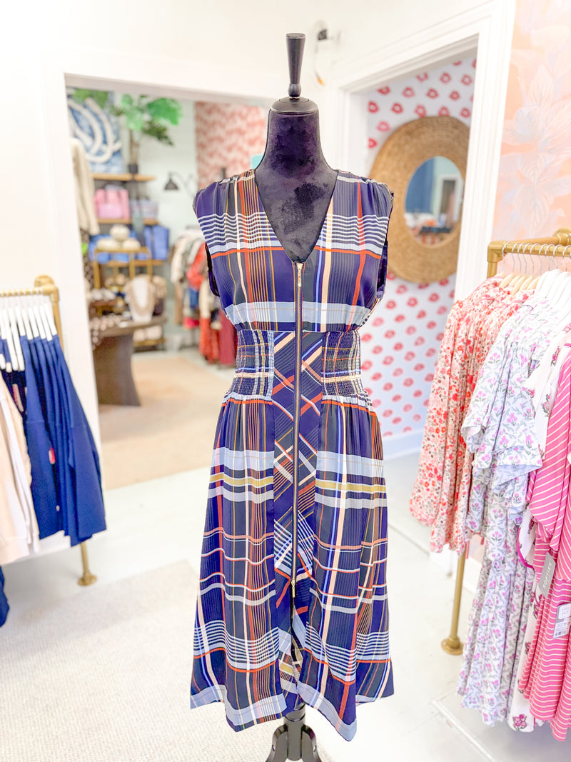 Plaid Sleeveless Midi Dress with Zipper Front - Navy