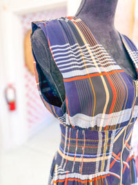 Plaid Sleeveless Midi Dress with Zipper Front - Navy