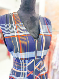 Plaid Sleeveless Midi Dress with Zipper Front - Navy
