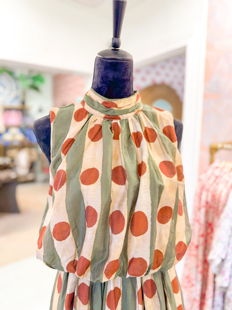 Printed Sleeveless Midi Dress - Olive