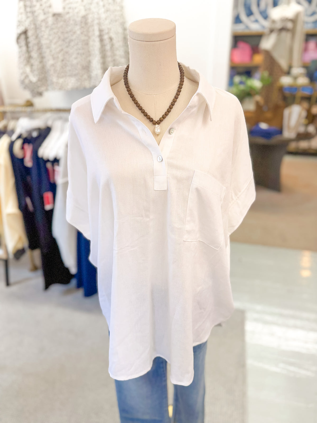 Relaxed High-Low White Collared Shirt