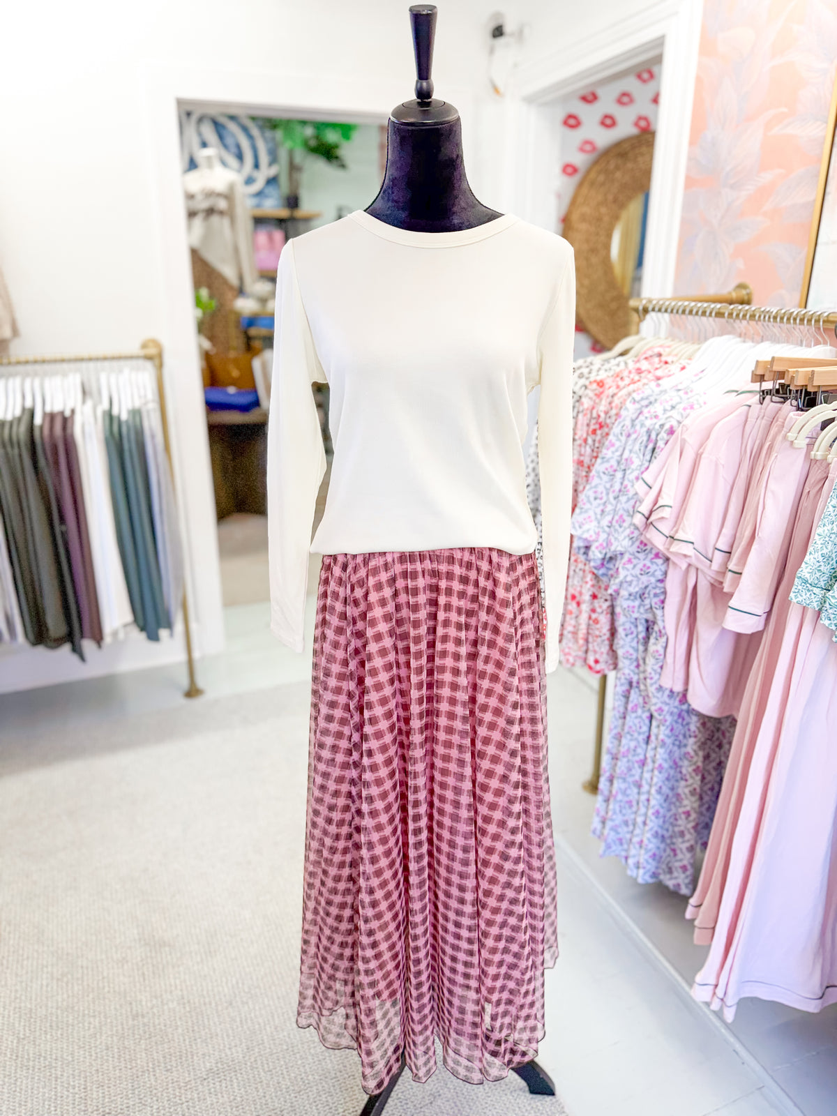 Checkered Elastic Waist Skirt - Pink and Brown