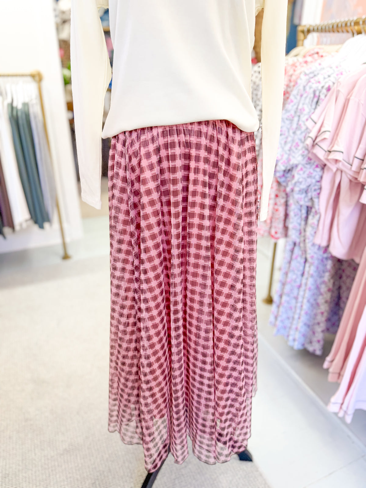 Checkered Elastic Waist Skirt - Pink and Brown