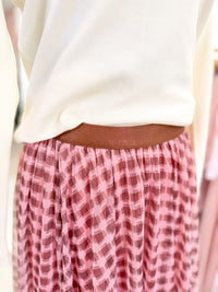 Checkered Elastic Waist Skirt - Pink and Brown