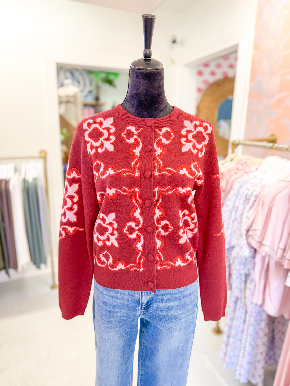 Long Sleeve Pattern Button Cardigan - Burgundy