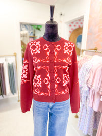 Long Sleeve Pattern Button Cardigan - Burgundy