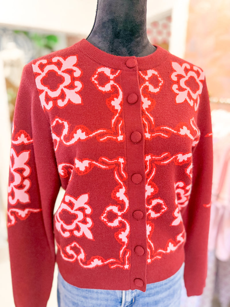 Long Sleeve Pattern Button Cardigan - Burgundy