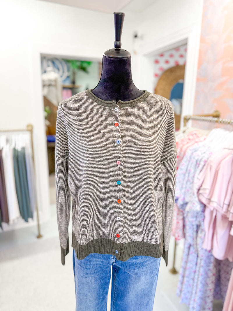 Crew Neck Pinstripe Cardigan Sweater