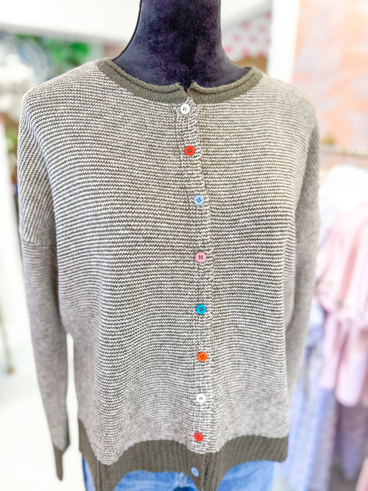 Crew Neck Pinstripe Cardigan Sweater