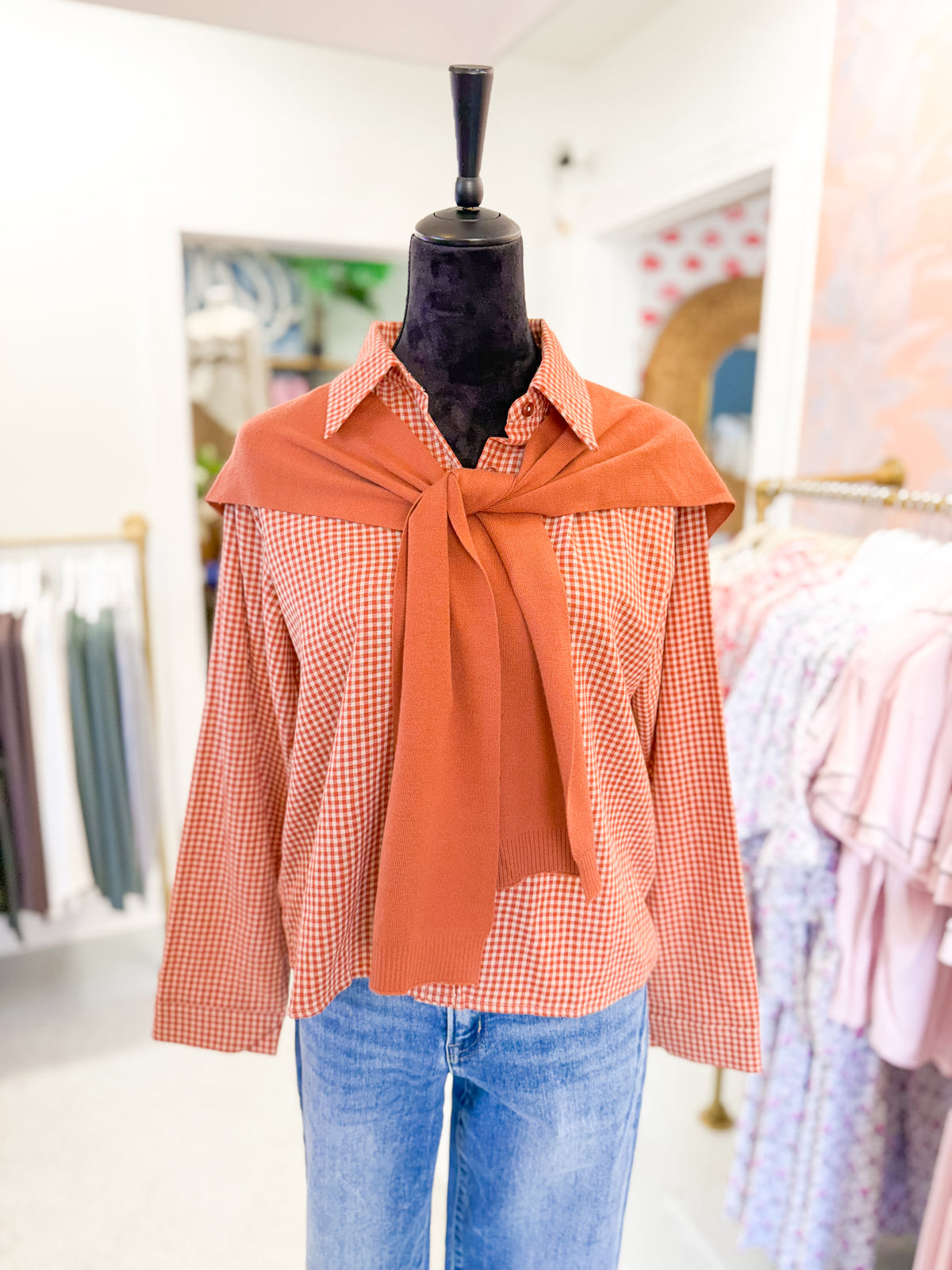 GIngham Check Cropped Blouse with Faux Sweater Cape - Rust