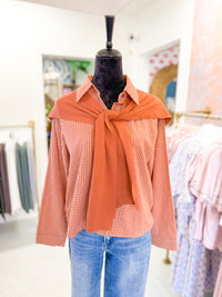 GIngham Check Cropped Blouse with Faux Sweater Cape - Rust