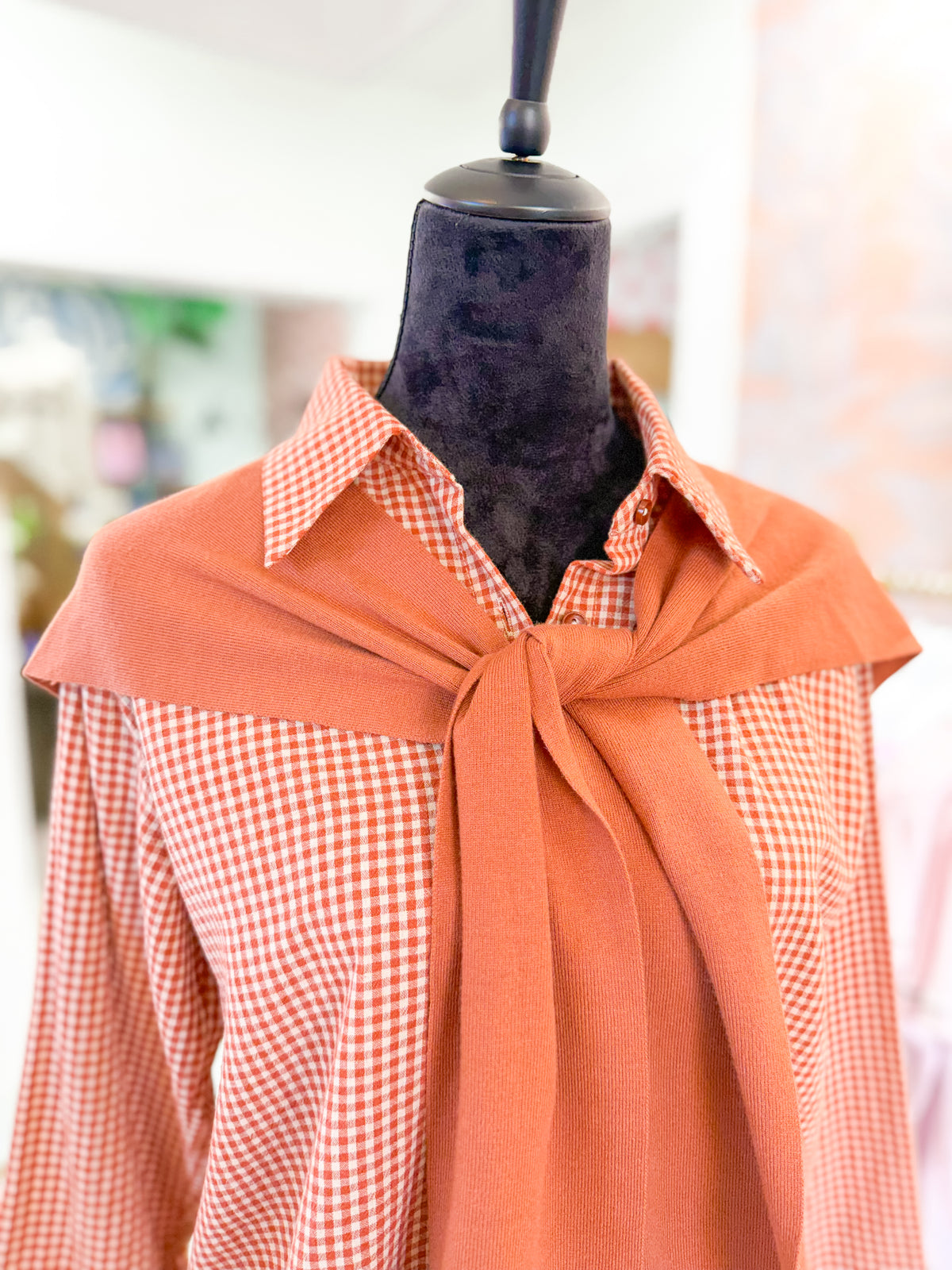 GIngham Check Cropped Blouse with Faux Sweater Cape - Rust