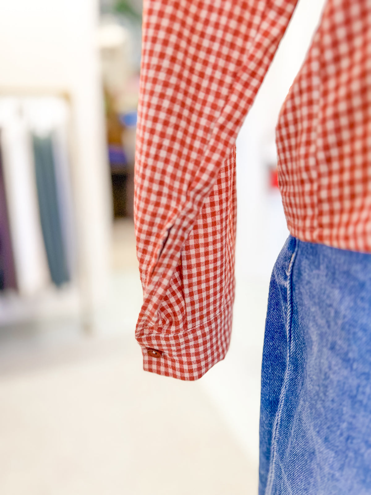 GIngham Check Cropped Blouse with Faux Sweater Cape - Rust