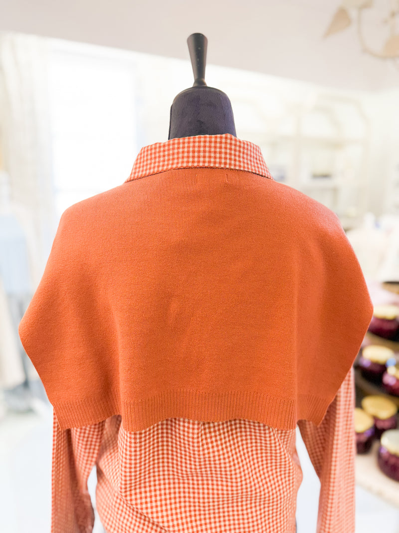 GIngham Check Cropped Blouse with Faux Sweater Cape - Rust