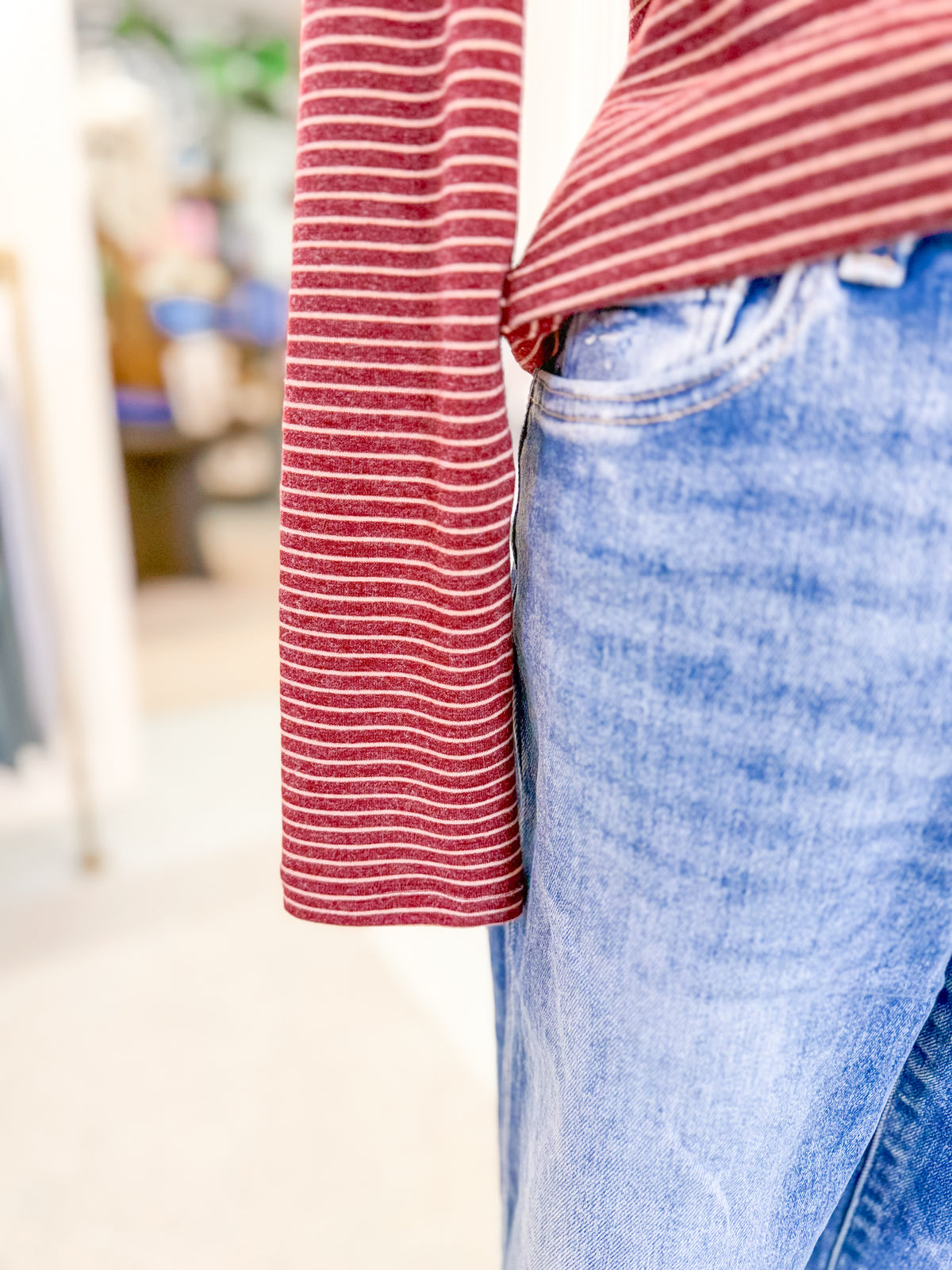 Striped Long Sleeve Top - Burgundy