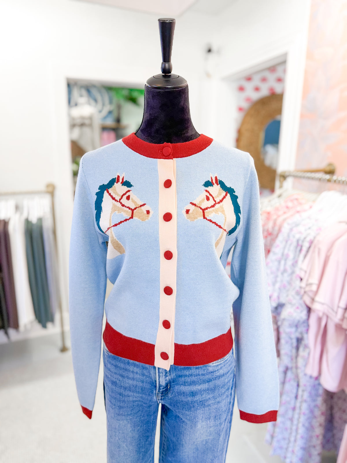 Double Horse Knit Cardigan - Light Blue