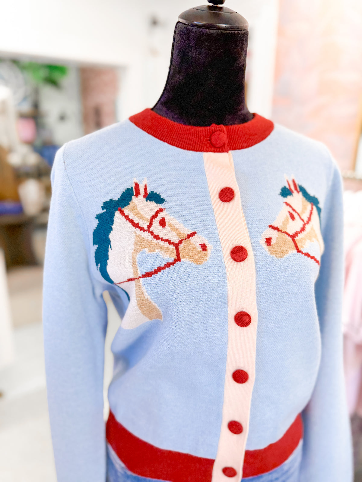 Double Horse Knit Cardigan - Light Blue