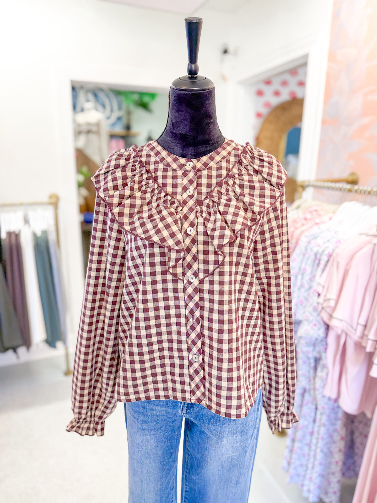 Long Sleeve Plaid Ruffled Blouse - Burgundy