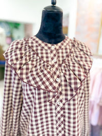 Long Sleeve Plaid Ruffled Blouse - Burgundy