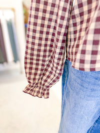 Long Sleeve Plaid Ruffled Blouse - Burgundy