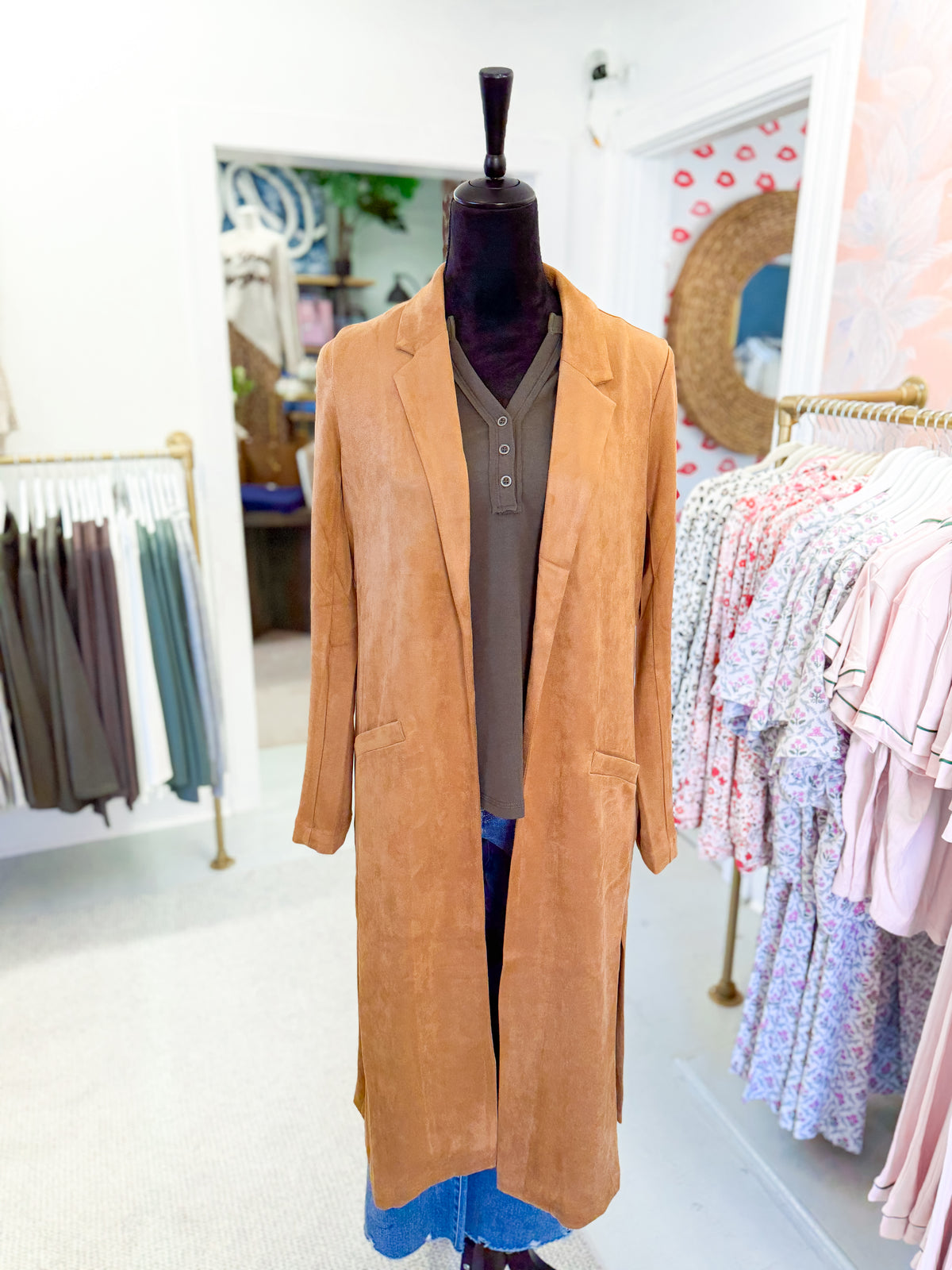 Camel Faux Suede Open Front Duster Jacket