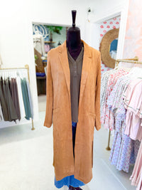 Camel Faux Suede Open Front Duster Jacket