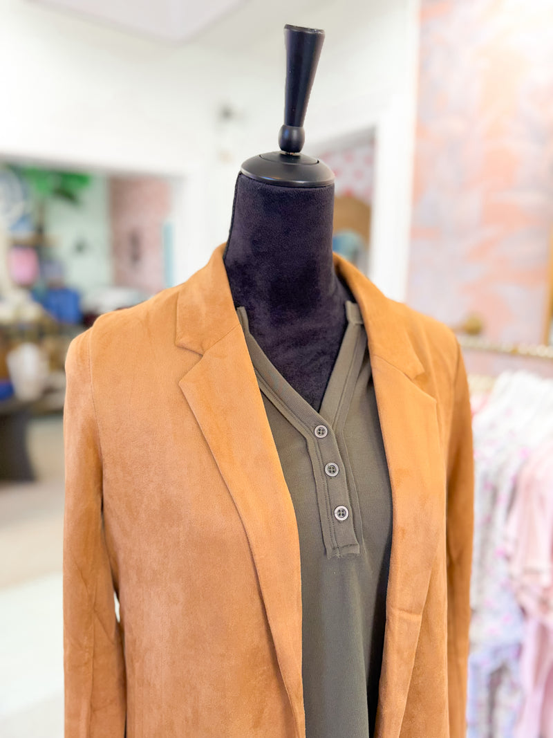 Camel Faux Suede Open Front Duster Jacket
