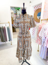 Brown and Cream Boho Midi Dress with Belt