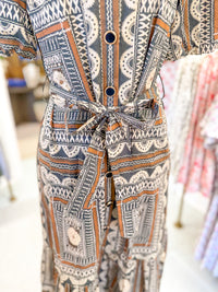 Brown and Cream Boho Midi Dress with Belt