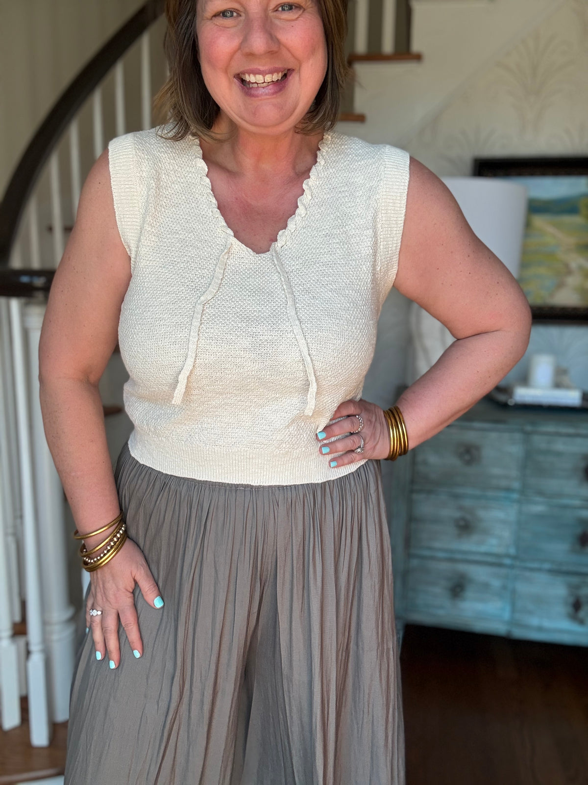 Sleeveless Tie Neck Textured Knit Top - Ivory
