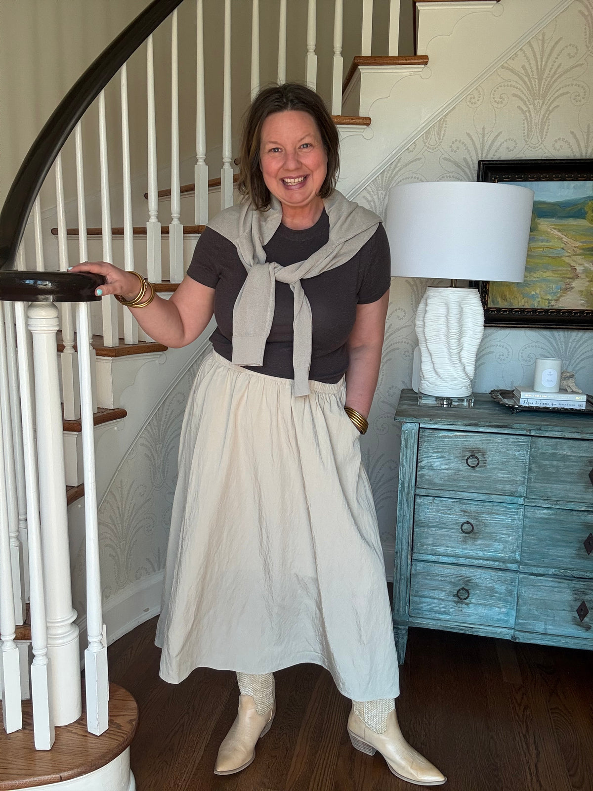 Elastic Waist Flare Long Skirt - Light Beige