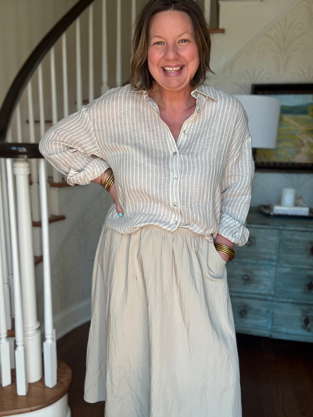 Elastic Waist Flare Long Skirt - Light Beige