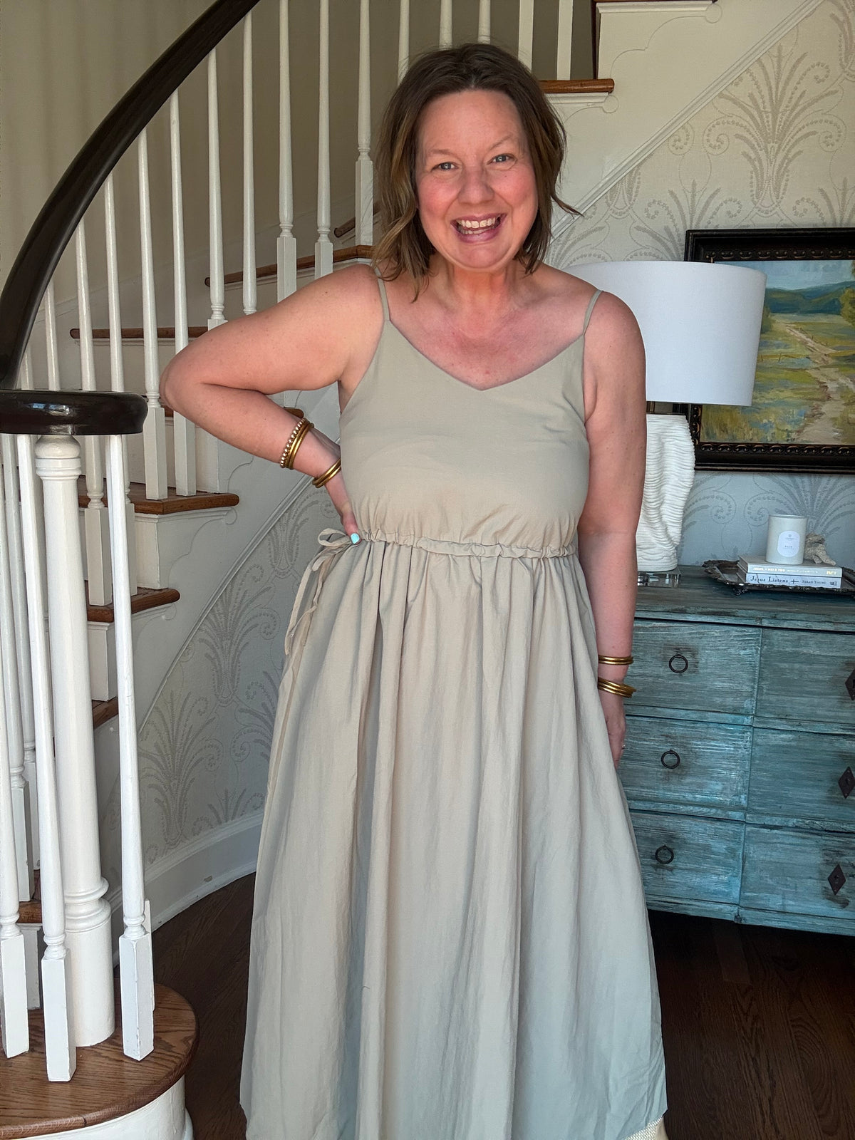 Spaghetti Shoulder Strap with an Elastic Waist Textured Flared Midi Dress - Sage