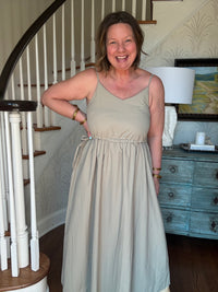 Spaghetti Shoulder Strap with an Elastic Waist Textured Flared Midi Dress - Sage