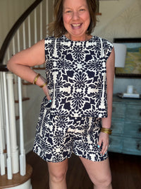 Navy and White Floral Short