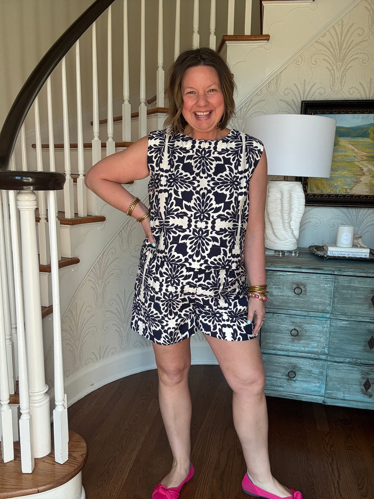 Navy and White Floral Short
