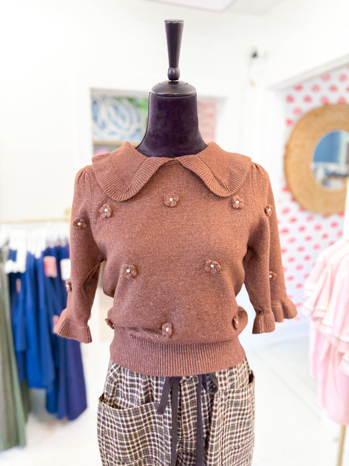 Collared Floral Sweater Top - Brown