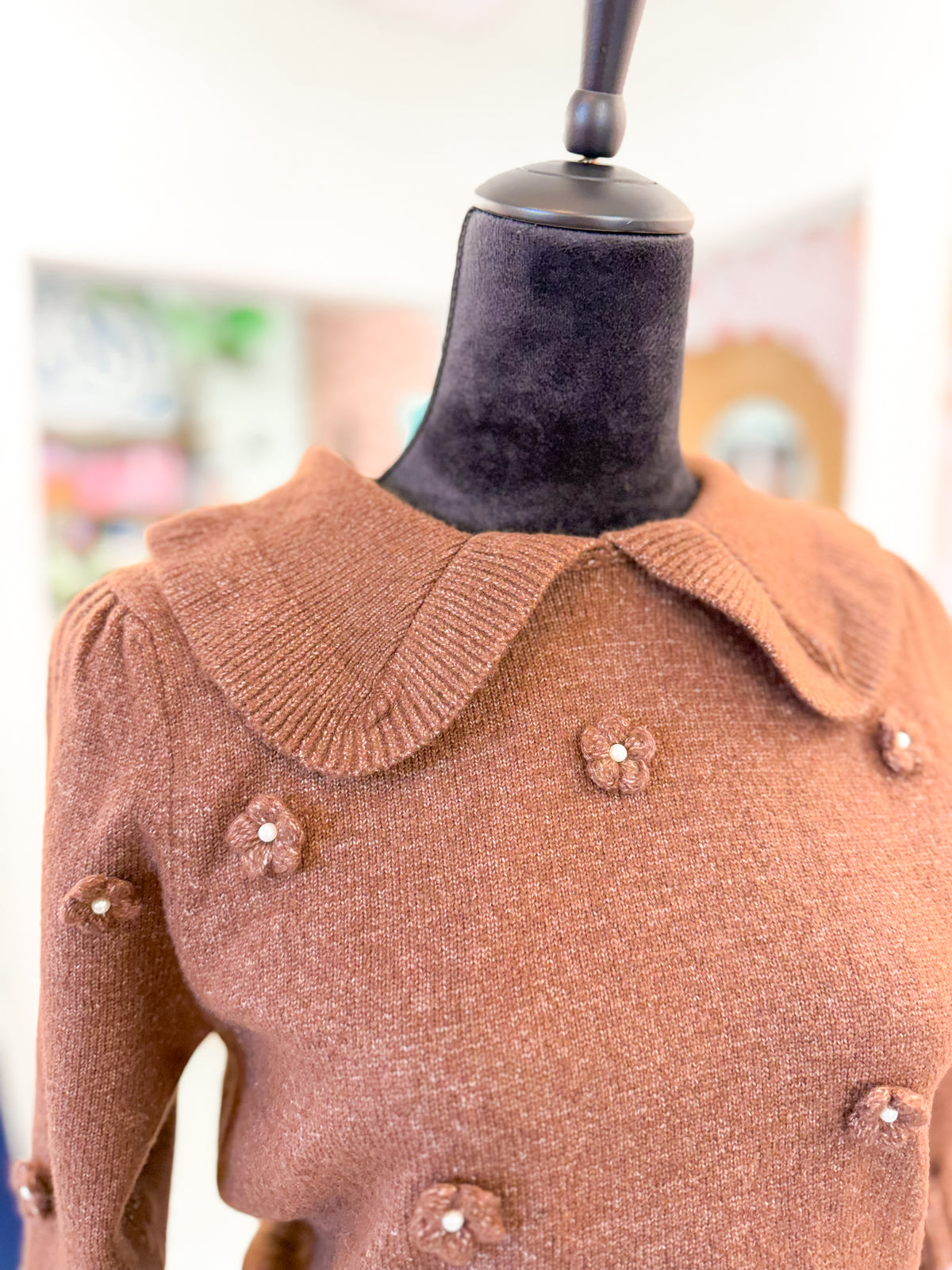 Collared Floral Sweater Top - Brown